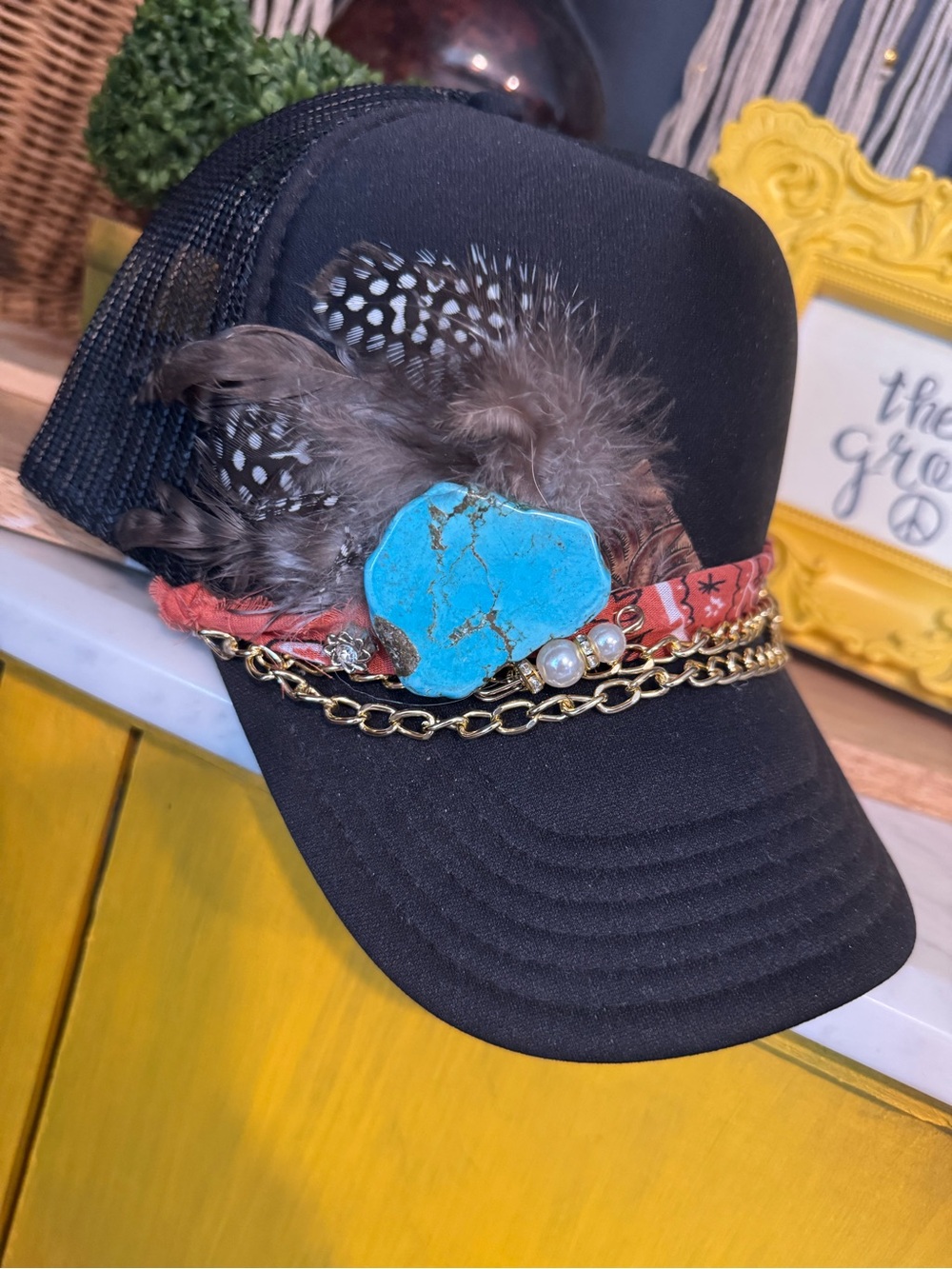Women's Black Trucker Hat with Turquoise Stone & Feather Accents